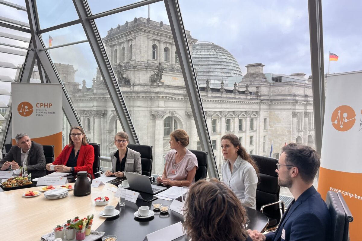 CPHP Direktorin Dorothea Baltruks sitzt mit Abgeordneten und Expert*innen an einem Konferenztisch mit Laptop, Kaffeetassen und Snacks, im Hintergrund ist durch große Fenster das Reichstagsgebäude zu sehen.